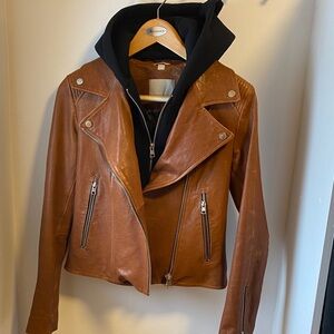Soia & Kyo Cognac Leather Moto Jacket with Black Hooded Layer